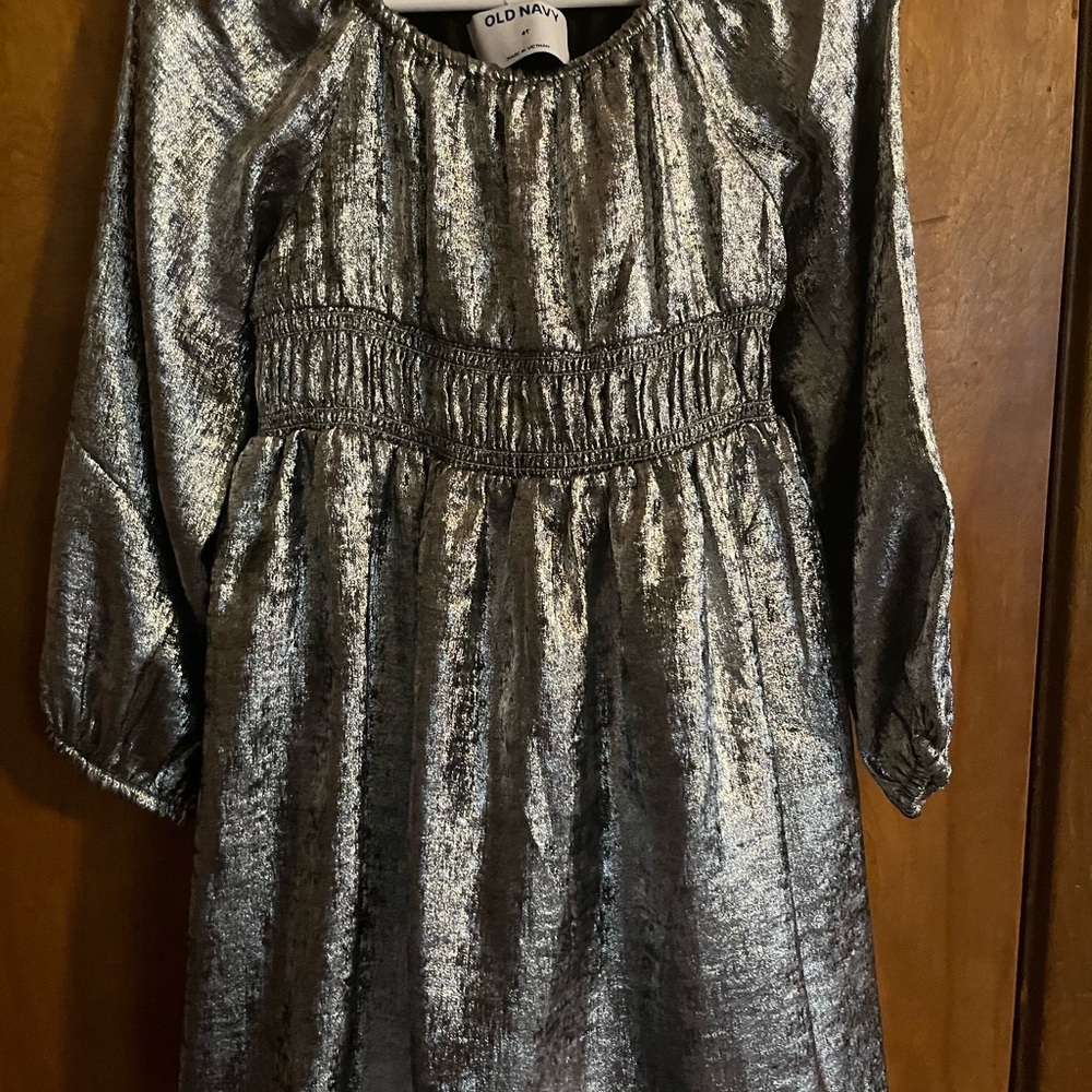 Old Navy 4t Shiny Metallic Silver Long Sleeve Dress